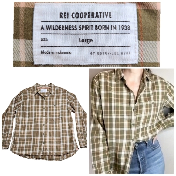 REI Co-Op Northwoods Button-up Shirt Tan Green Pink Sz Large Plaid 100% Cotton - Picture 1 of 11